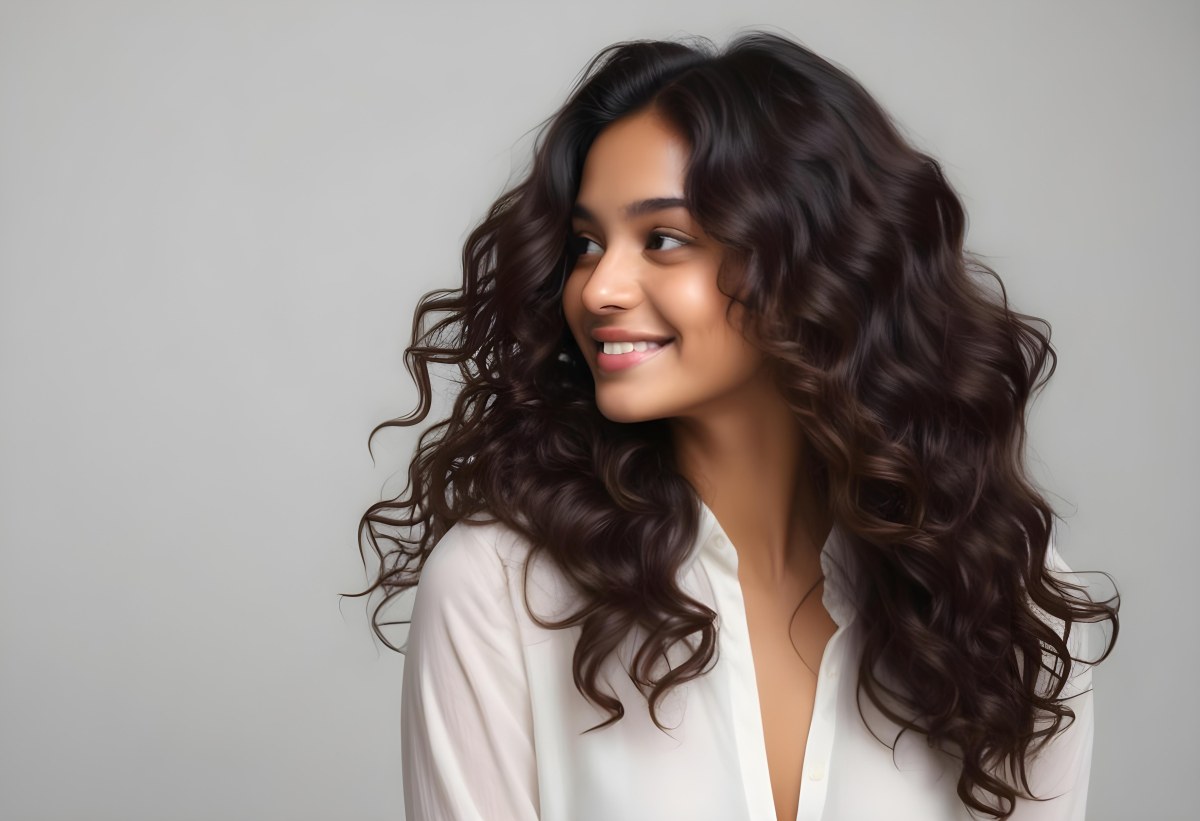 Young Woman Of South Asian Descent With Long Curly Dark Brown Hair Smiling Softly She Is Wearing A White Blouse And Has A Light Background 31 Dc6f