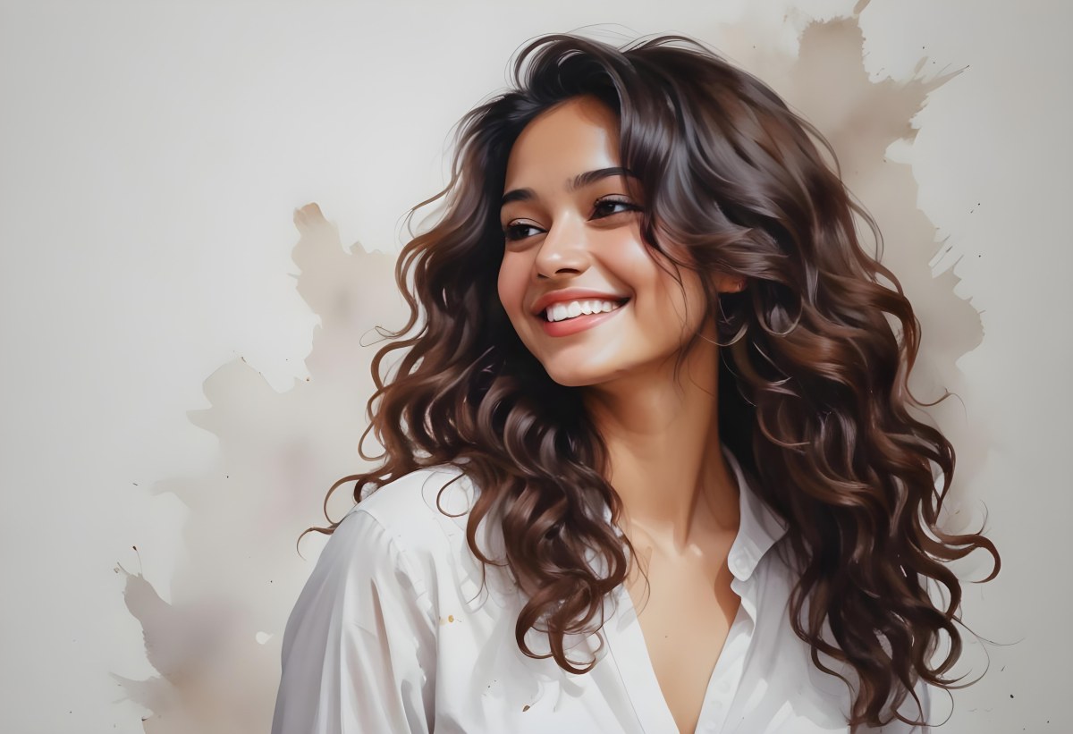 Young Woman Of South Asian Descent With Long Curly Dark Brown Hair Smiling Softly She Is Wearing A White Blouse And Has A Light Background 4 304c