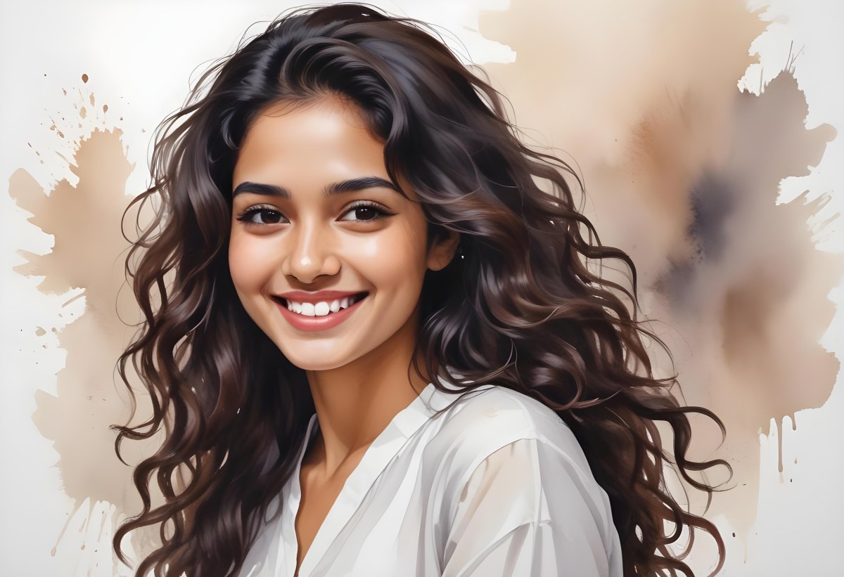 Young Woman Of South Asian Descent With Long Curly Dark Brown Hair Smiling Softly She Is Wearing A White Blouse And Has A Light Background 7 D748