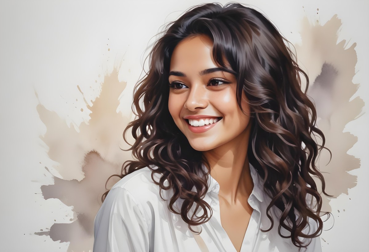 Young Woman Of South Asian Descent With Long Curly Dark Brown Hair Smiling Softly She Is Wearing A White Blouse And Has A Light Background 9 E802