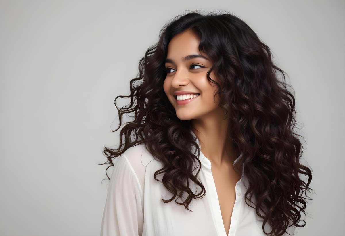 Young Woman Of South Asian Descent With Long Curly Dark Brown Hair Smiling Softly She Is Wearing A White Blouse And Has A Light Background 96 8701