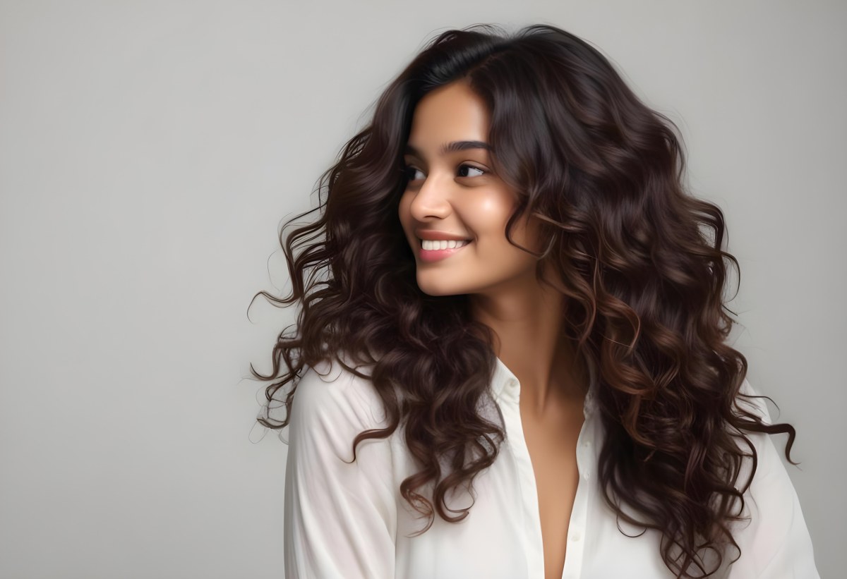 Young Woman Of South Asian Descent With Long Curly Dark Brown Hair Smiling Softly She Is Wearing A White Blouse And Has A Light Background 98 3fd2