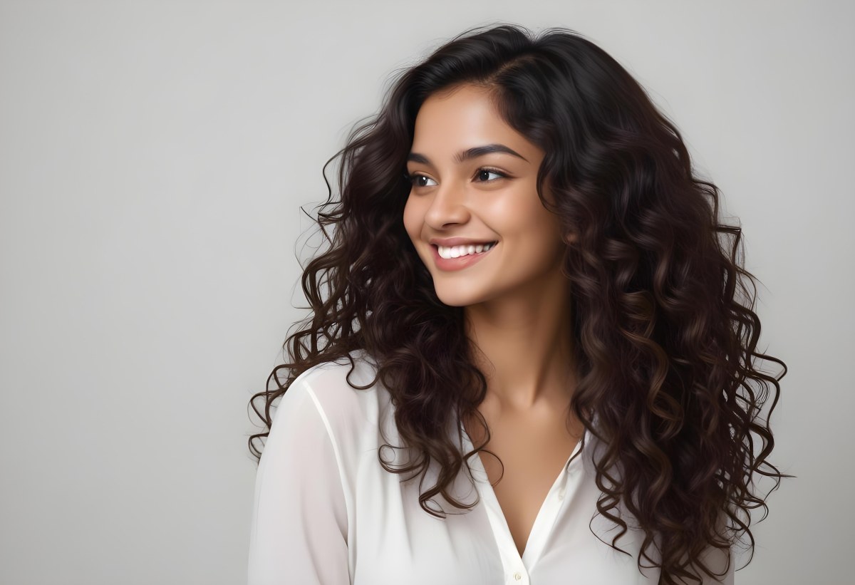 Young Woman Of South Asian Descent With Long Curly Dark Brown Hair Smiling Softly She Is Wearing A White Blouse And Has A Light Background 99 6fc1