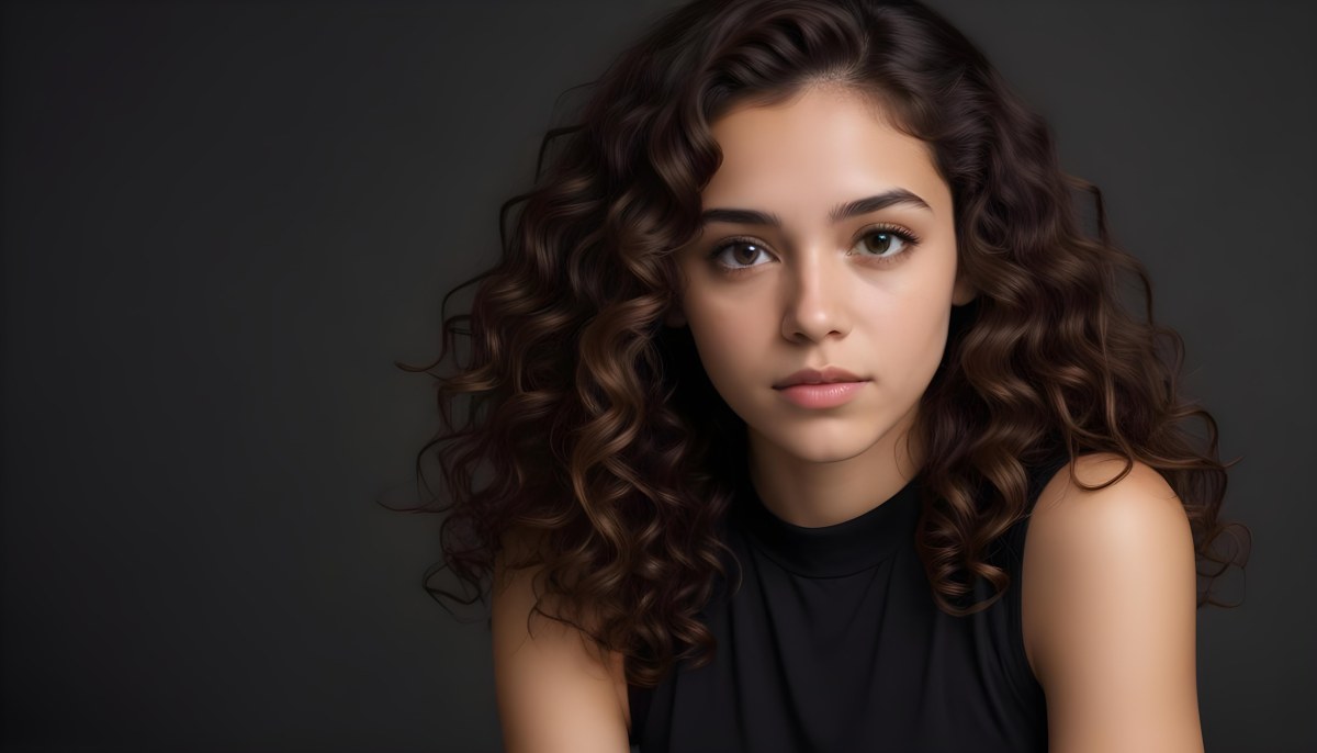 Young Woman With Medium Skin Tone And Long Curly Brown Hair Wearing A Black Sleeveless Top Looking Directly At The Camera With A Neutral Expression The Background Is Dark And Simple Emphasizing Her Features 59 6b63
