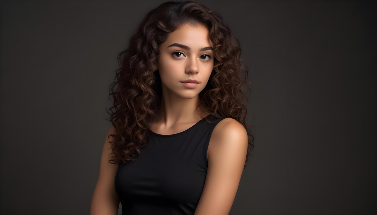 Young Woman With Medium Skin Tone And Long Curly Brown Hair Wearing A Black Sleeveless Top Looking Directly At The Camera With A Neutral Expression The Background Is Dark And Simple Emphasizing Her Features 8 37e8