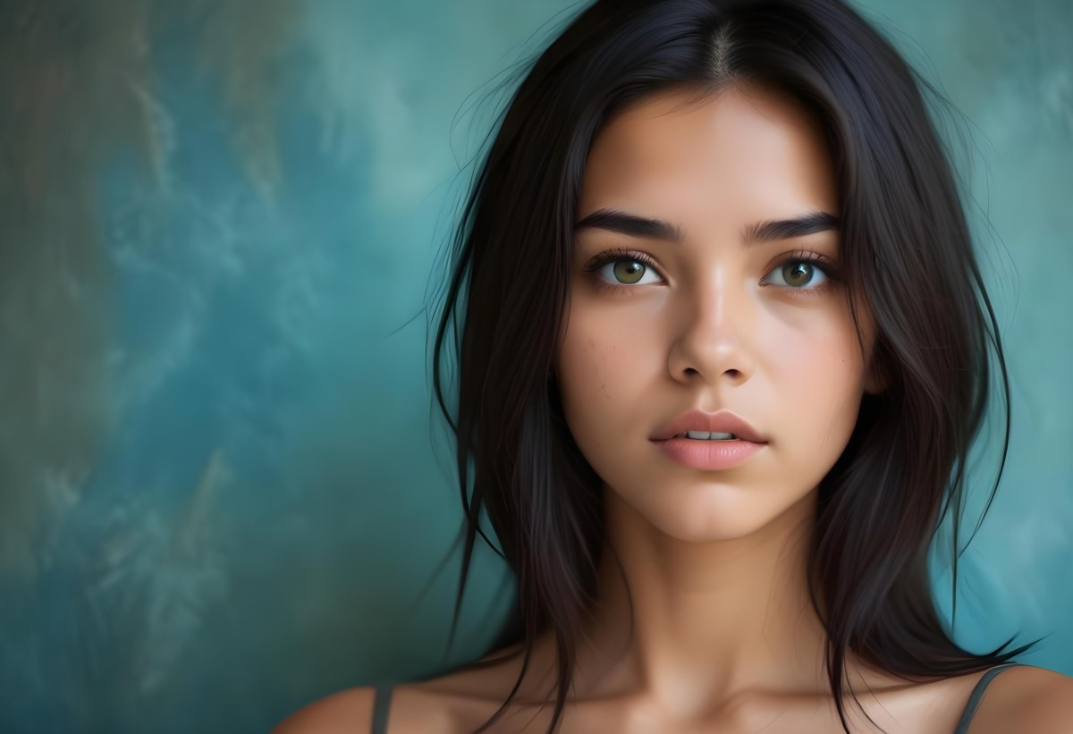 Young Woman With Medium Skin Tone Long Dark Hair And A Natural Makeup Look She Appears To Be Around 20 Years Old With A Soft Expression And Direct Gaze The Background Is A Textured Blue Green Color 17 1a31
