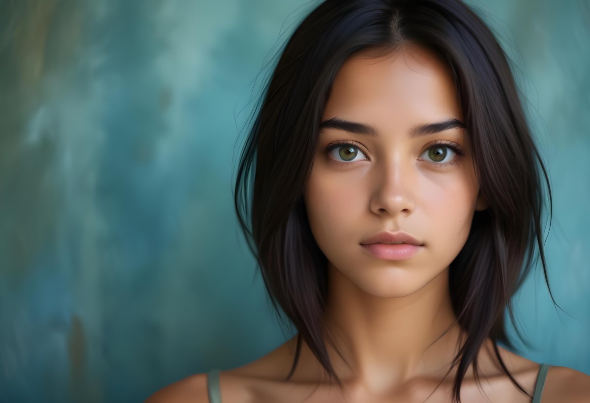 Young Woman With Medium Skin Tone Long Dark Hair And A Natural Makeup Look She Appears To Be Around 20 Years Old With A Soft Expression And Direct Gaze The Background Is A Textured Blue Green Color 20 970f