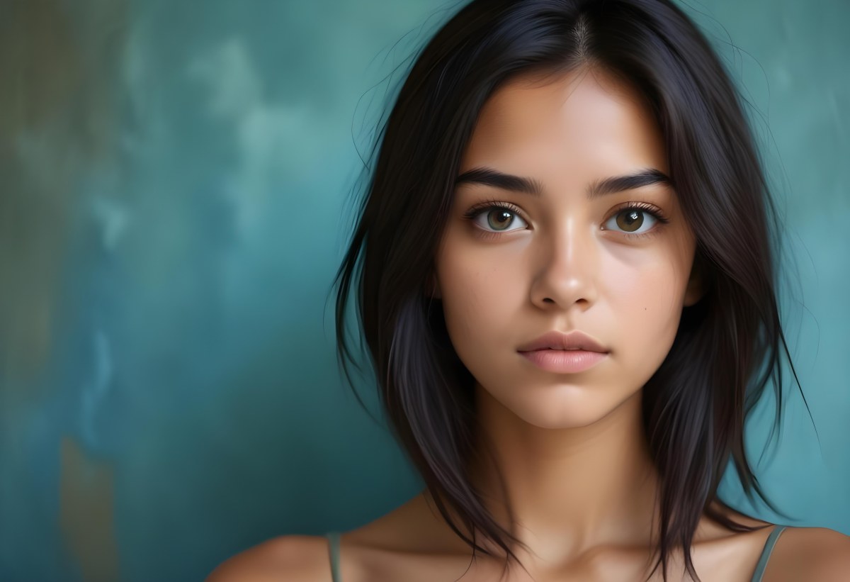 Young Woman With Medium Skin Tone Long Dark Hair And A Natural Makeup Look She Appears To Be Around 20 Years Old With A Soft Expression And Direct Gaze The Background Is A Textured Blue Green Color 22 Aa93