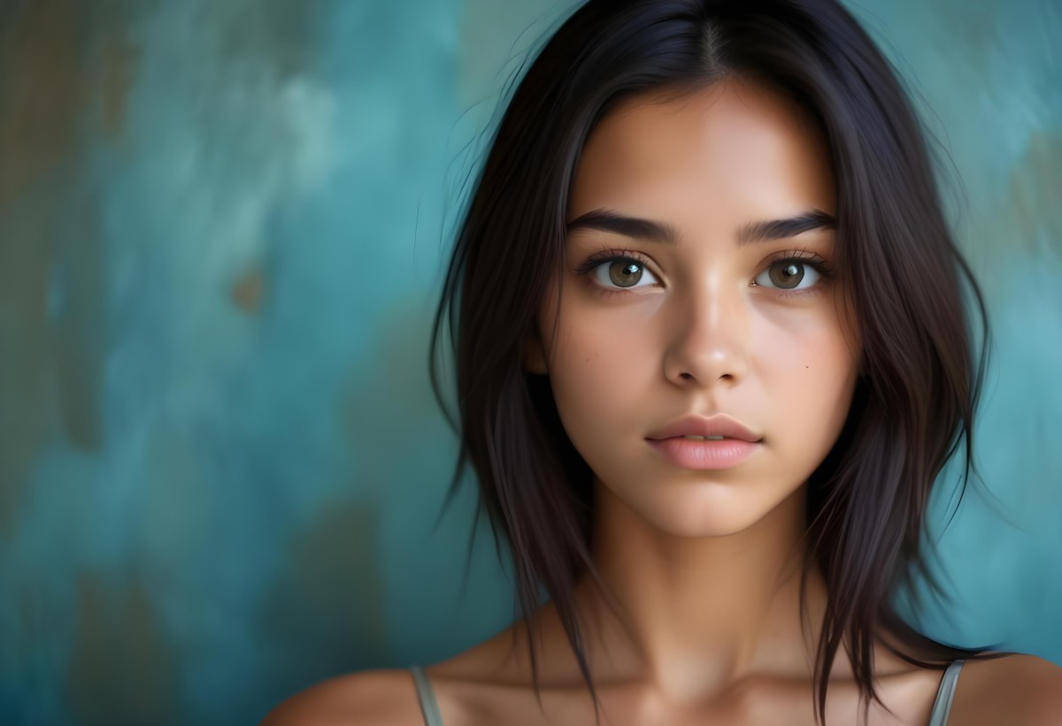 Young Woman With Medium Skin Tone Long Dark Hair And A Natural Makeup Look She Appears To Be Around 20 Years Old With A Soft Expression And Direct Gaze The Background Is A Textured Blue Green Color 24 1173