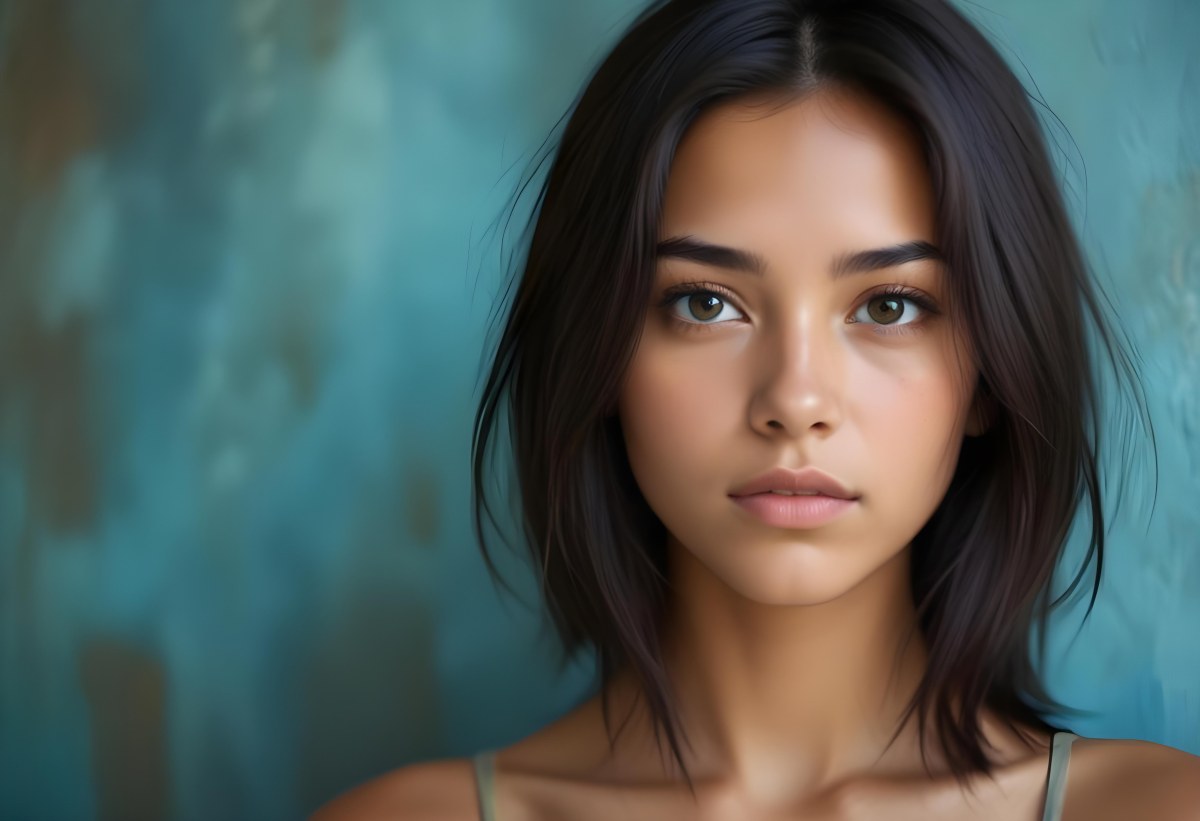 Young Woman With Medium Skin Tone Long Dark Hair And A Natural Makeup Look She Appears To Be Around 20 Years Old With A Soft Expression And Direct Gaze The Background Is A Textured Blue Green Color 29 D9bc