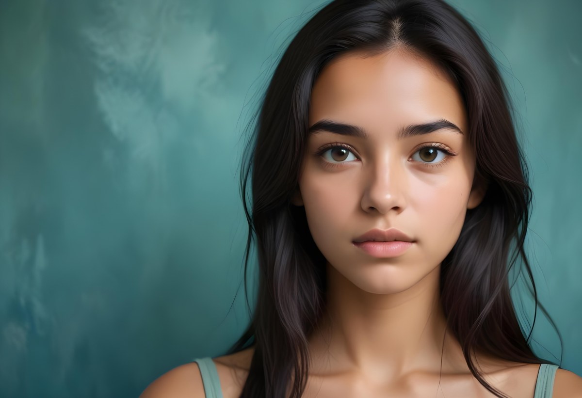 Young Woman With Medium Skin Tone Long Dark Hair And A Natural Makeup Look She Appears To Be Around 20 Years Old With A Soft Expression And Direct Gaze The Background Is A Textured Blue Green Color 3 B698