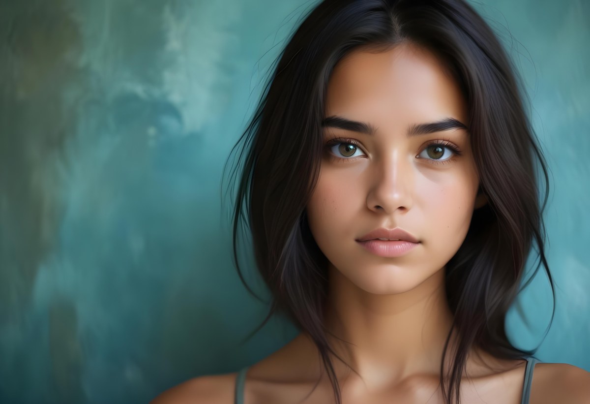 Young Woman With Medium Skin Tone Long Dark Hair And A Natural Makeup Look She Appears To Be Around 20 Years Old With A Soft Expression And Direct Gaze The Background Is A Textured Blue Green Color 4 997c
