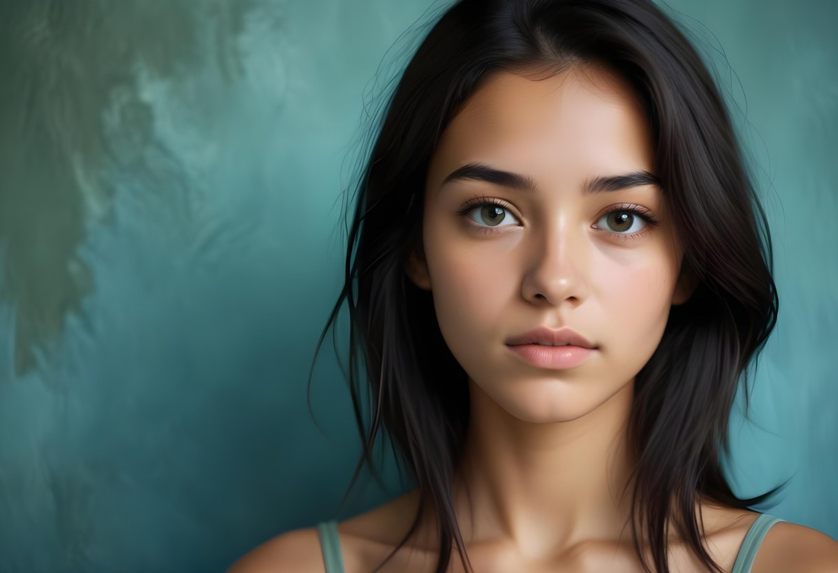 Young Woman With Medium Skin Tone Long Dark Hair And A Natural Makeup Look She Appears To Be Around 20 Years Old With A Soft Expression And Direct Gaze The Background Is A Textured Blue Green Color 5 18be