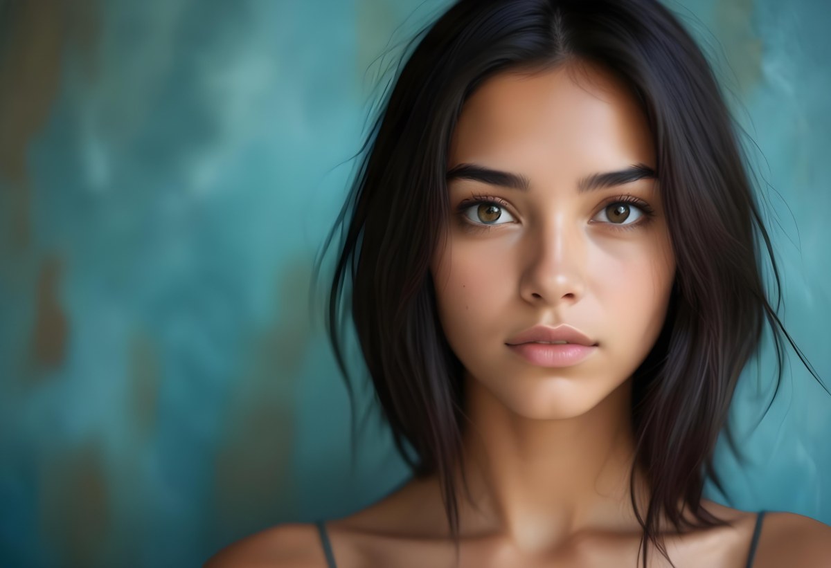 Young Woman With Medium Skin Tone Long Dark Hair And A Natural Makeup Look She Appears To Be Around 20 Years Old With A Soft Expression And Direct Gaze The Background Is A Textured Blue Green Color 6 D0f2