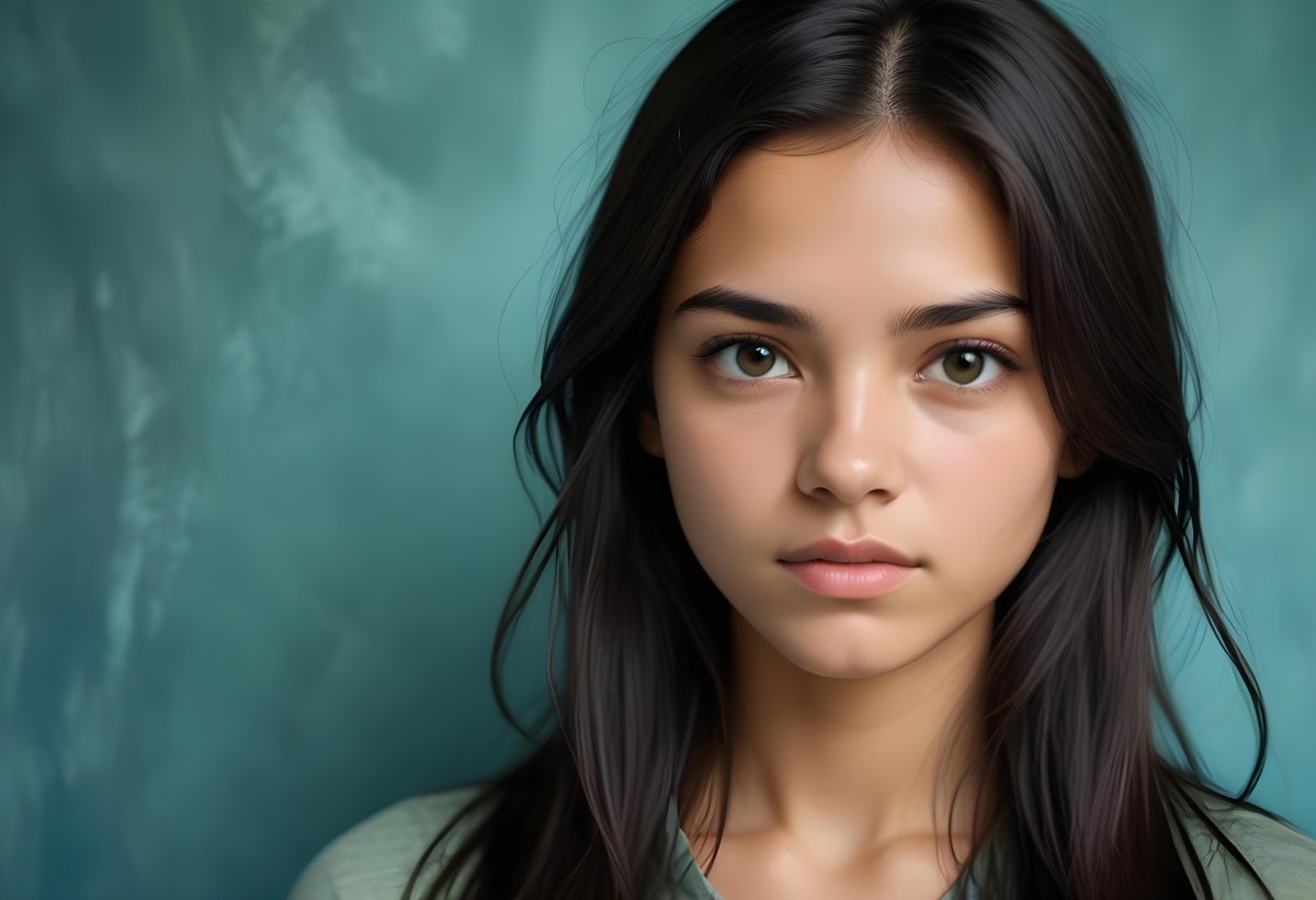 Young Woman With Medium Skin Tone Long Dark Hair And A Natural Makeup Look She Appears To Be Around 20 Years Old With A Soft Expression And Direct Gaze The Background Is A Textured Blue Green Color 7 38cd