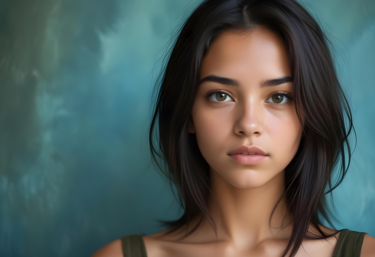 Young Woman With Medium Skin Tone Long Dark Hair And A Natural Makeup Look She Appears To Be Around 20 Years Old With A Soft Expression And Direct Gaze The Background Is A Textured Blue Green Color 8 0aa2