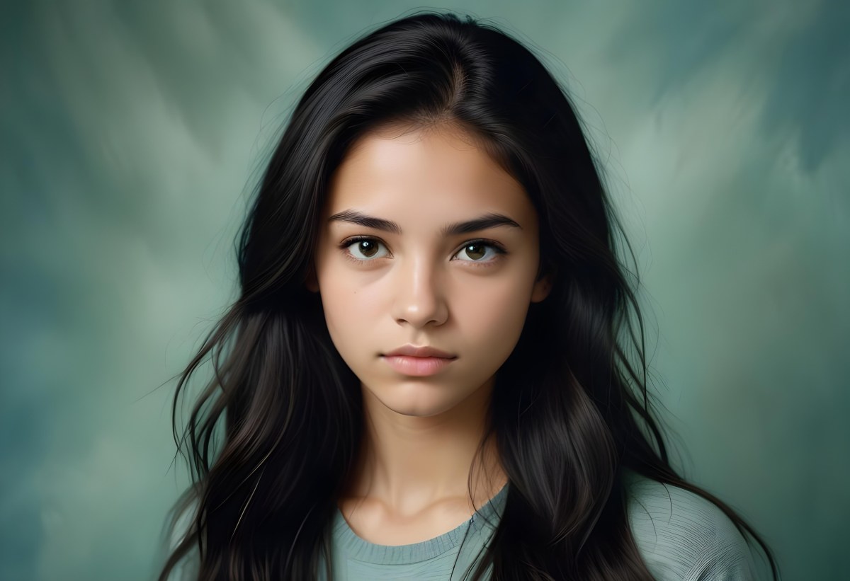 Young Woman With Medium Skin Tone Long Dark Hair And A Natural Makeup Look She Appears To Be Around 20 Years Old With A Soft Expression And Direct Gaze The Background Is A Textured Blue Green Color 9 9bb5