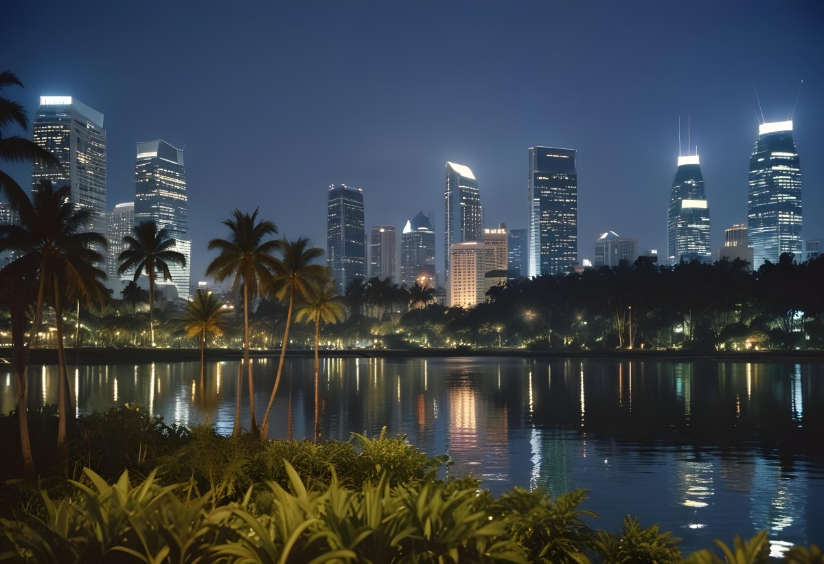35mm Film Photography City Skyline At Night With Tall Buildings Illuminated Reflecting In A Body Of Water In The Foreground There Are Green Plants Along The Water S Edge And Palm Trees Are Visible The Background Fea 10 8833