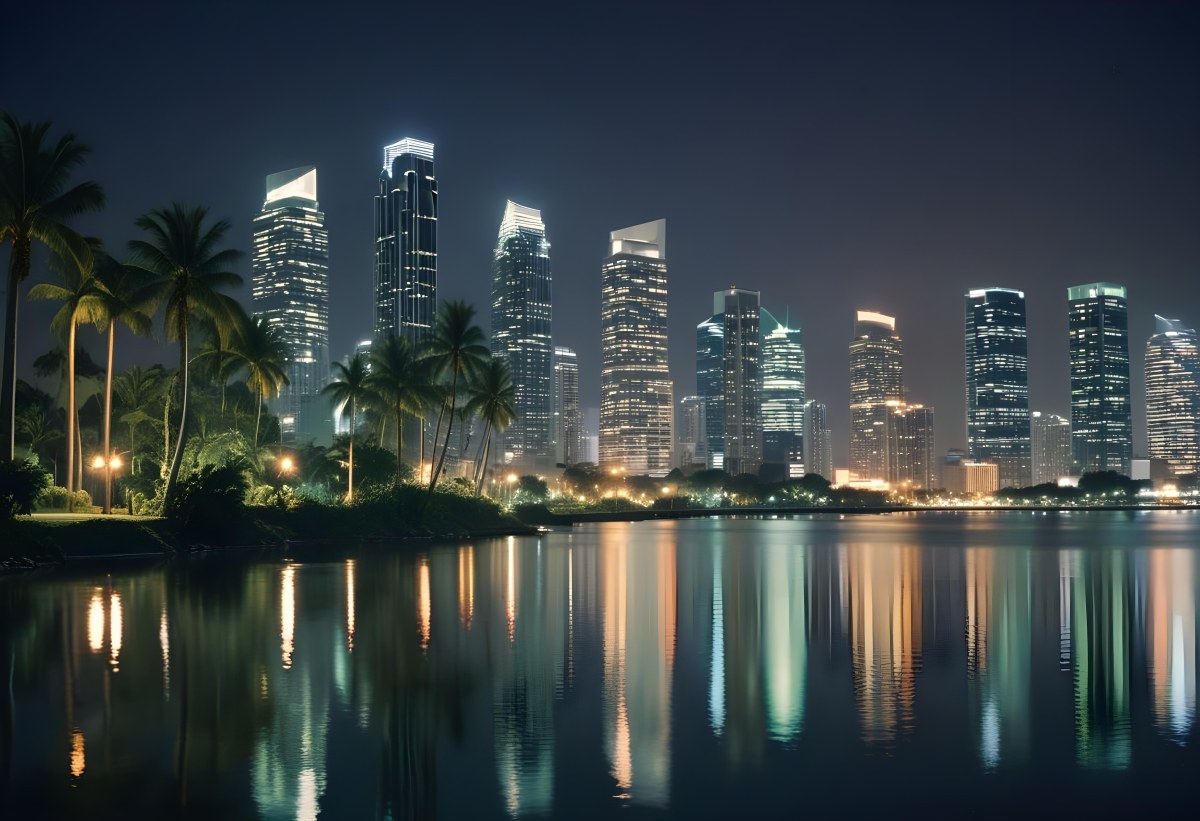 35mm Film Photography City Skyline At Night With Tall Buildings Illuminated Reflecting In A Body Of Water In The Foreground There Are Green Plants Along The Water S Edge And Palm Trees Are Visible The Background Fea 14 E3a6