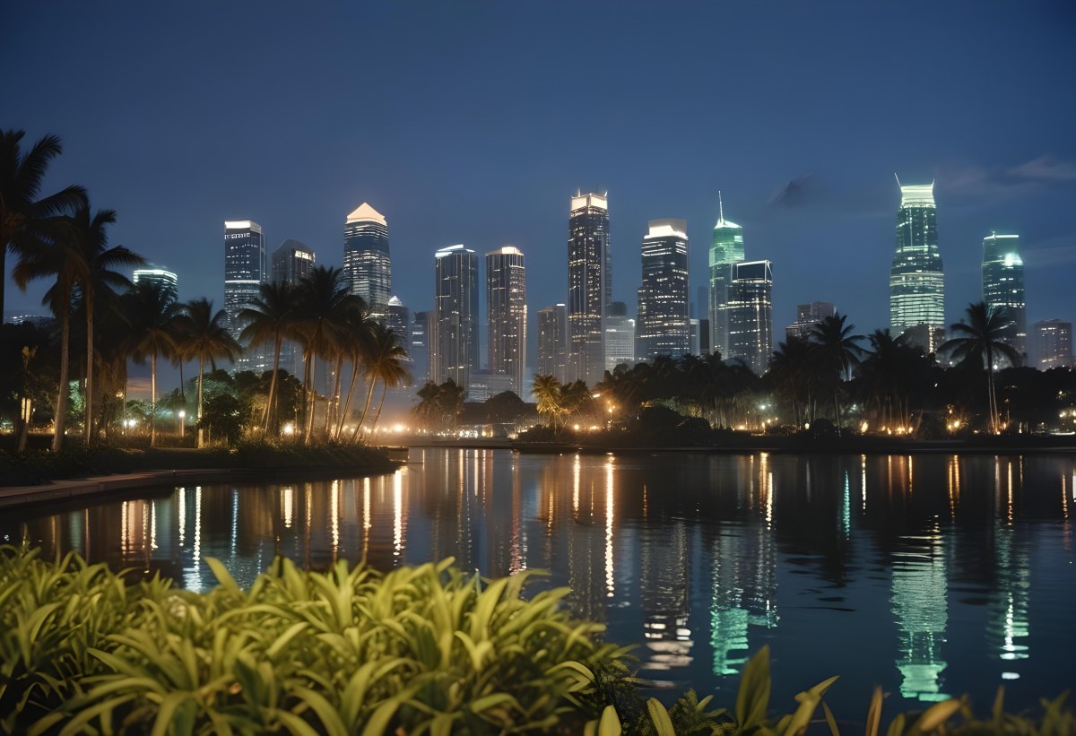 35mm Film Photography City Skyline At Night With Tall Buildings Illuminated Reflecting In A Body Of Water In The Foreground There Are Green Plants Along The Water S Edge And Palm Trees Are Visible The Background Fea 17 9ca5