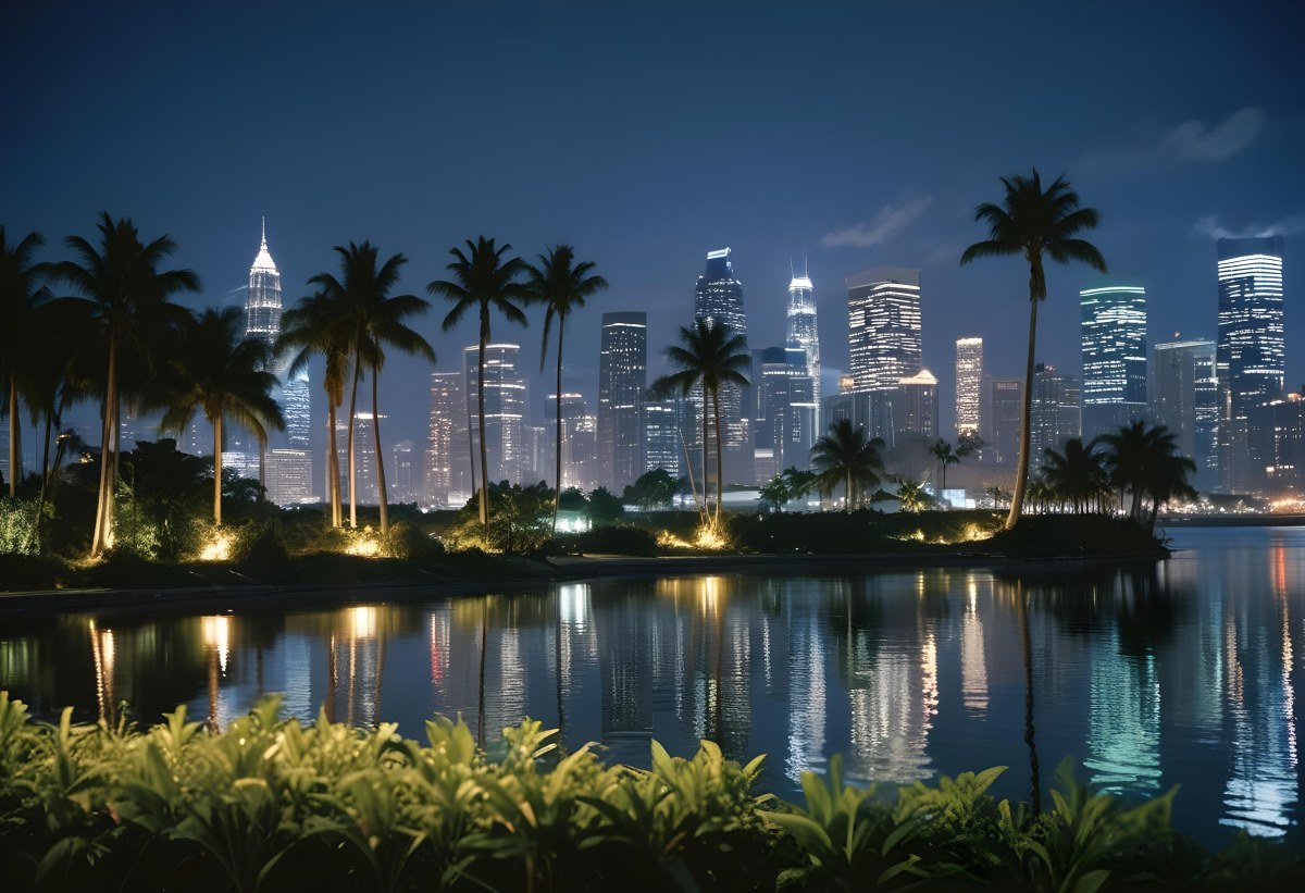 35mm Film Photography City Skyline At Night With Tall Buildings Illuminated Reflecting In A Body Of Water In The Foreground There Are Green Plants Along The Water S Edge And Palm Trees Are Visible The Background Fea 20 6694