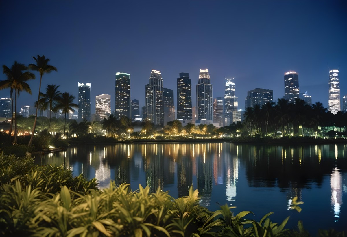 35mm Film Photography City Skyline At Night With Tall Buildings Illuminated Reflecting In A Body Of Water In The Foreground There Are Green Plants Along The Water S Edge And Palm Trees Are Visible The Background Fea 22 1ca6