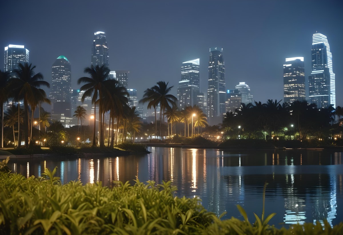 35mm Film Photography City Skyline At Night With Tall Buildings Illuminated Reflecting In A Body Of Water In The Foreground There Are Green Plants Along The Water S Edge And Palm Trees Are Visible The Background Fea 26 03af