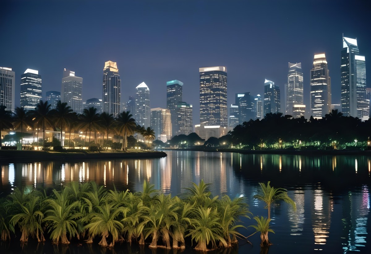 35mm Film Photography City Skyline At Night With Tall Buildings Illuminated Reflecting In A Body Of Water In The Foreground There Are Green Plants Along The Water S Edge And Palm Trees Are Visible The Background Fea 27 6abd