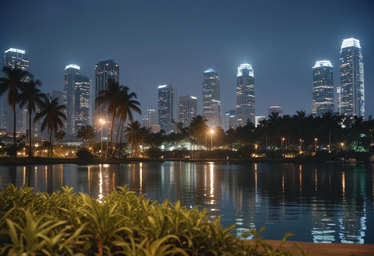 35mm Film Photography City Skyline At Night With Tall Buildings Illuminated Reflecting In A Body Of Water In The Foreground There Are Green Plants Along The Water S Edge And Palm Trees Are Visible The Background Fea 28 7ea8