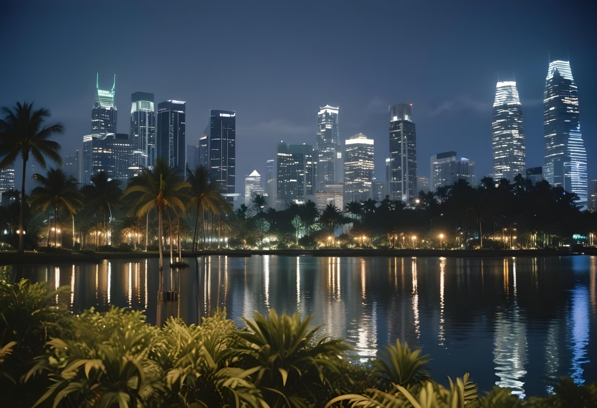 35mm Film Photography City Skyline At Night With Tall Buildings Illuminated Reflecting In A Body Of Water In The Foreground There Are Green Plants Along The Water S Edge And Palm Trees Are Visible The Background Fea 29 940d