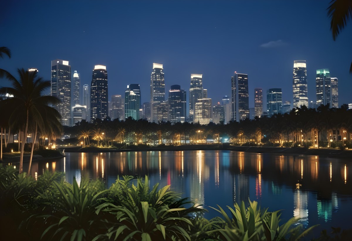 35mm Film Photography City Skyline At Night With Tall Buildings Illuminated Reflecting In A Body Of Water In The Foreground There Are Green Plants Along The Water S Edge And Palm Trees Are Visible The Background Fea 3 706a