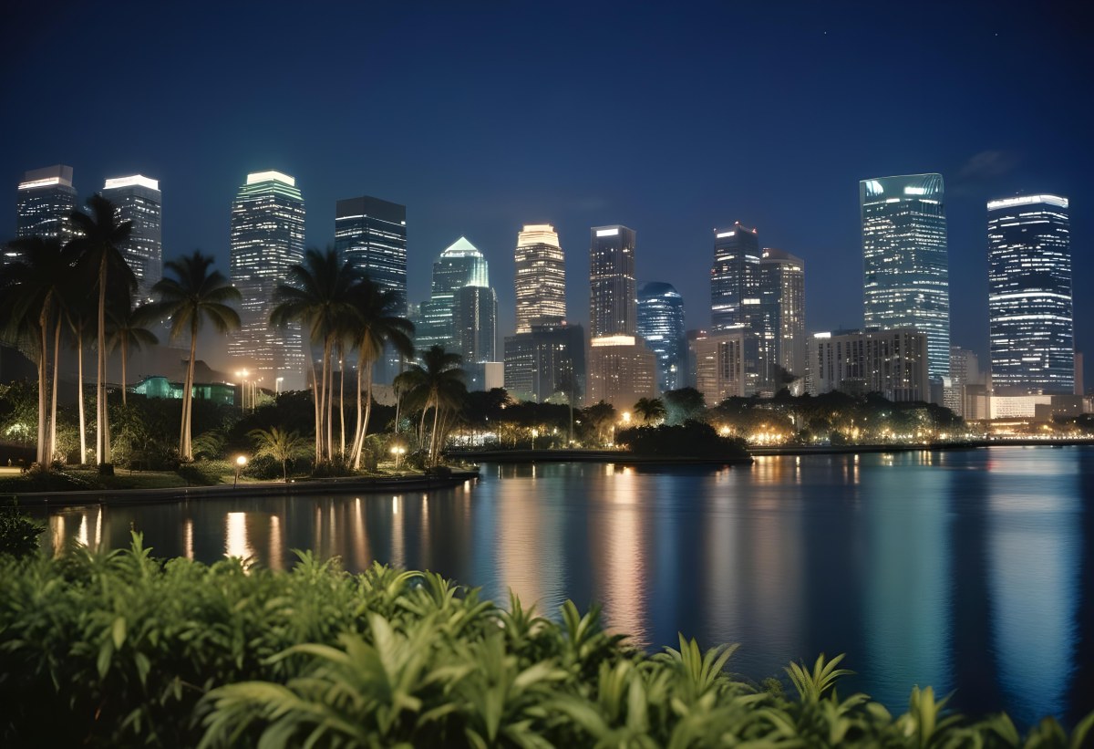 35mm Film Photography City Skyline At Night With Tall Buildings Illuminated Reflecting In A Body Of Water In The Foreground There Are Green Plants Along The Water S Edge And Palm Trees Are Visible The Background Fea 30 17a9
