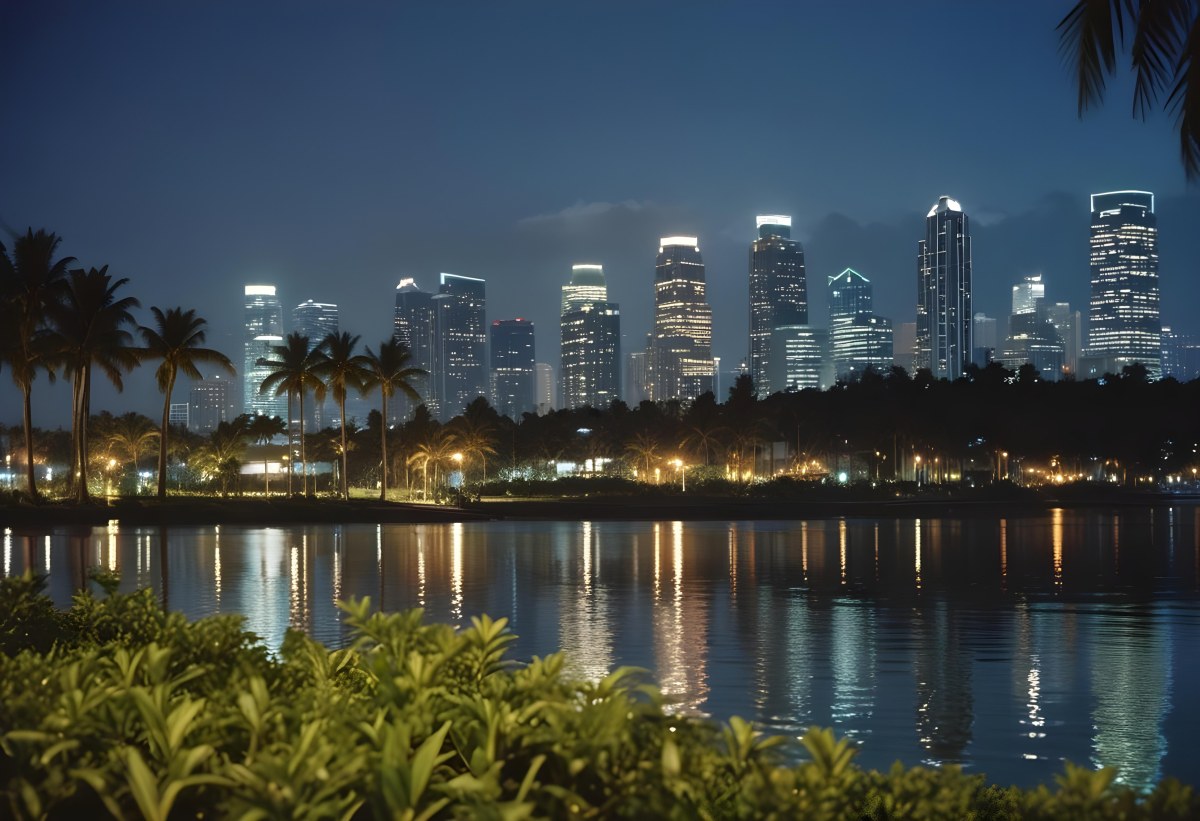 35mm Film Photography City Skyline At Night With Tall Buildings Illuminated Reflecting In A Body Of Water In The Foreground There Are Green Plants Along The Water S Edge And Palm Trees Are Visible The Background Fea 31 1462