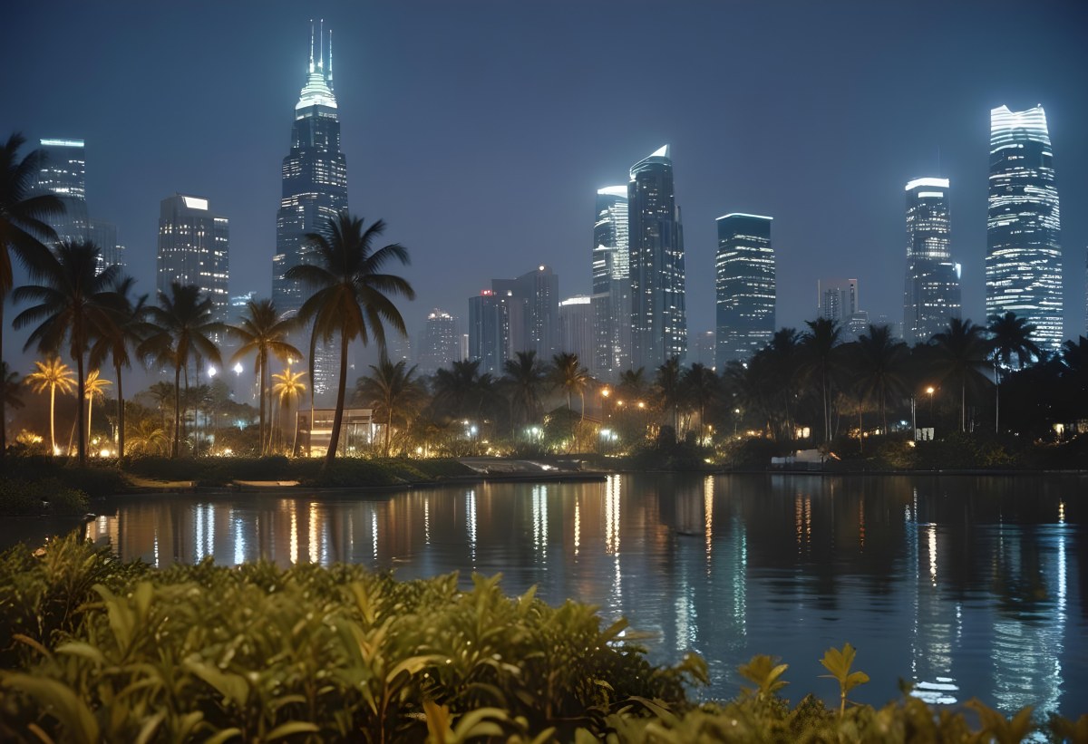 35mm Film Photography City Skyline At Night With Tall Buildings Illuminated Reflecting In A Body Of Water In The Foreground There Are Green Plants Along The Water S Edge And Palm Trees Are Visible The Background Fea 32 4c3f