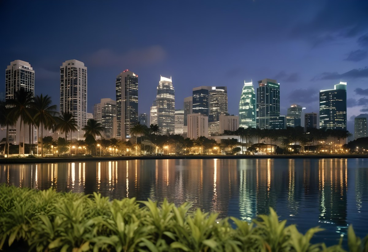 35mm Film Photography City Skyline At Night With Tall Buildings Illuminated Reflecting In A Body Of Water In The Foreground There Are Green Plants Along The Water S Edge And Palm Trees Are Visible The Background Fea 5 23a1