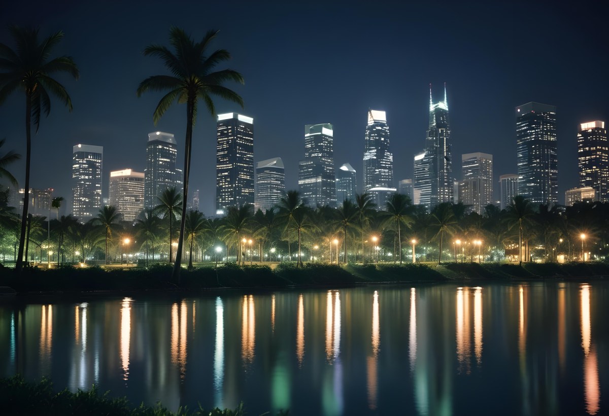 35mm Film Photography City Skyline At Night With Tall Buildings Illuminated Reflecting In A Body Of Water In The Foreground There Are Green Plants Along The Water S Edge And Palm Trees Are Visible The Background Fea 6 A874