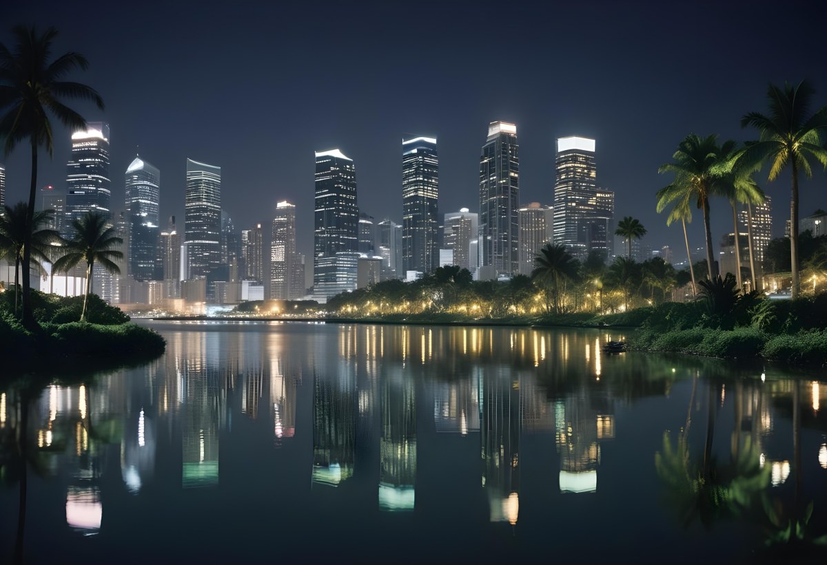 35mm Film Photography City Skyline At Night With Tall Buildings Illuminated Reflecting In A Body Of Water In The Foreground There Are Green Plants Along The Water S Edge And Palm Trees Are Visible The Background Fea 8 8abc
