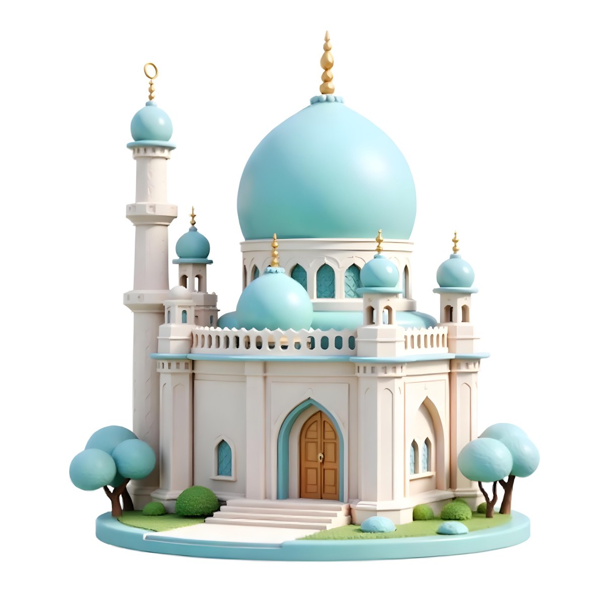 A 3d Model Of A Mosque With A Large White Dome White Walls And Intricate Geometric Patterns Surrounded By Small Green Trees And Bushes Isolated On White Background 5 E1da