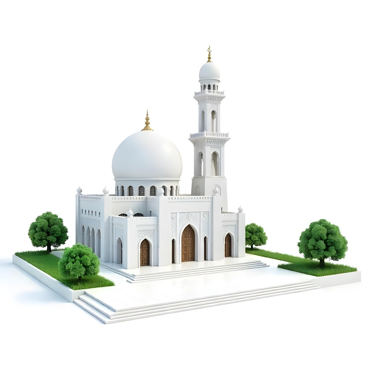 A 3d Model Of A Mosque With A Large White Dome White Walls And Intricate Geometric Patterns Surrounded By Small Green Trees And Bushes Isolated On White Background 6 B287