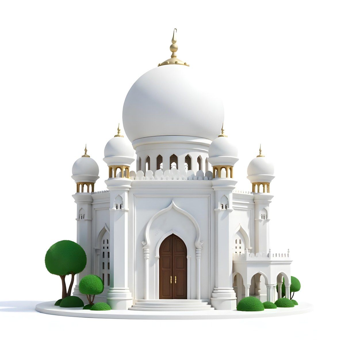 A 3d Model Of A Mosque With A Large White Dome White Walls And Intricate Geometric Patterns Surrounded By Small Green Trees And Bushes Isolated On White Background 7 9a5c