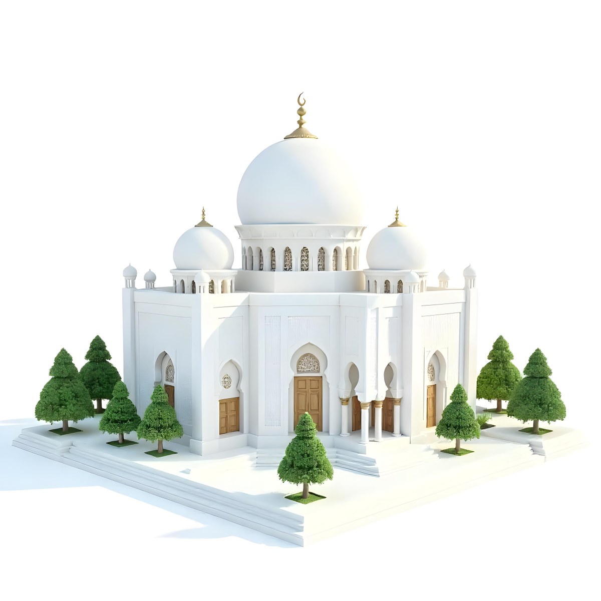 A 3d Model Of A Mosque With A Large White Dome White Walls And Intricate Geometric Patterns Surrounded By Small Green Trees And Bushes Isolated On White Background 8 9452