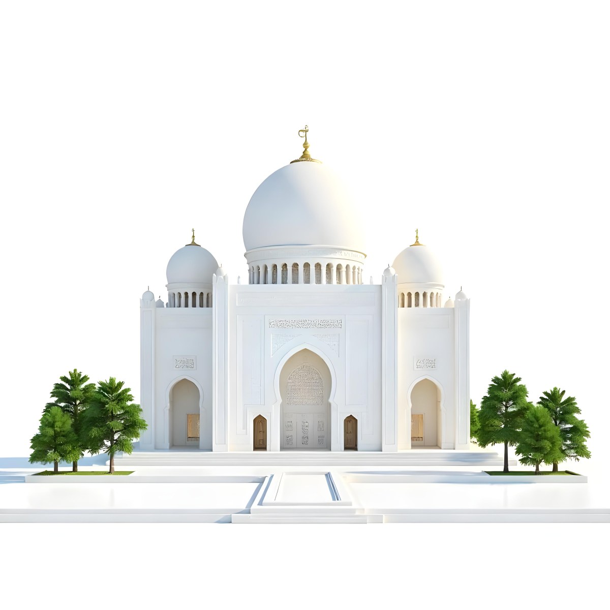 A 3d Model Of A Mosque With A Large White Dome White Walls And Intricate Geometric Patterns Surrounded By Small Green Trees And Bushes Isolated On White Background 9 581e