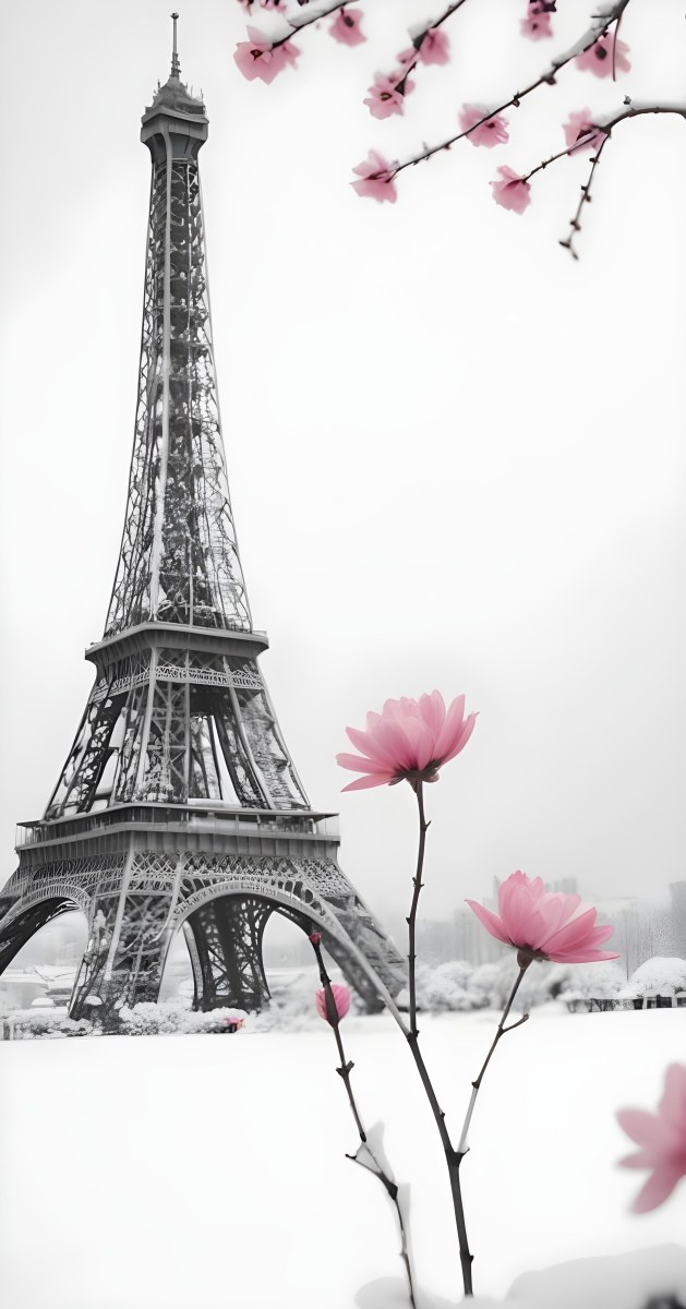 A Black And White Eiffel Tower In The Background With A Snowy Background And Blurred Pink Flowers In The Background 24