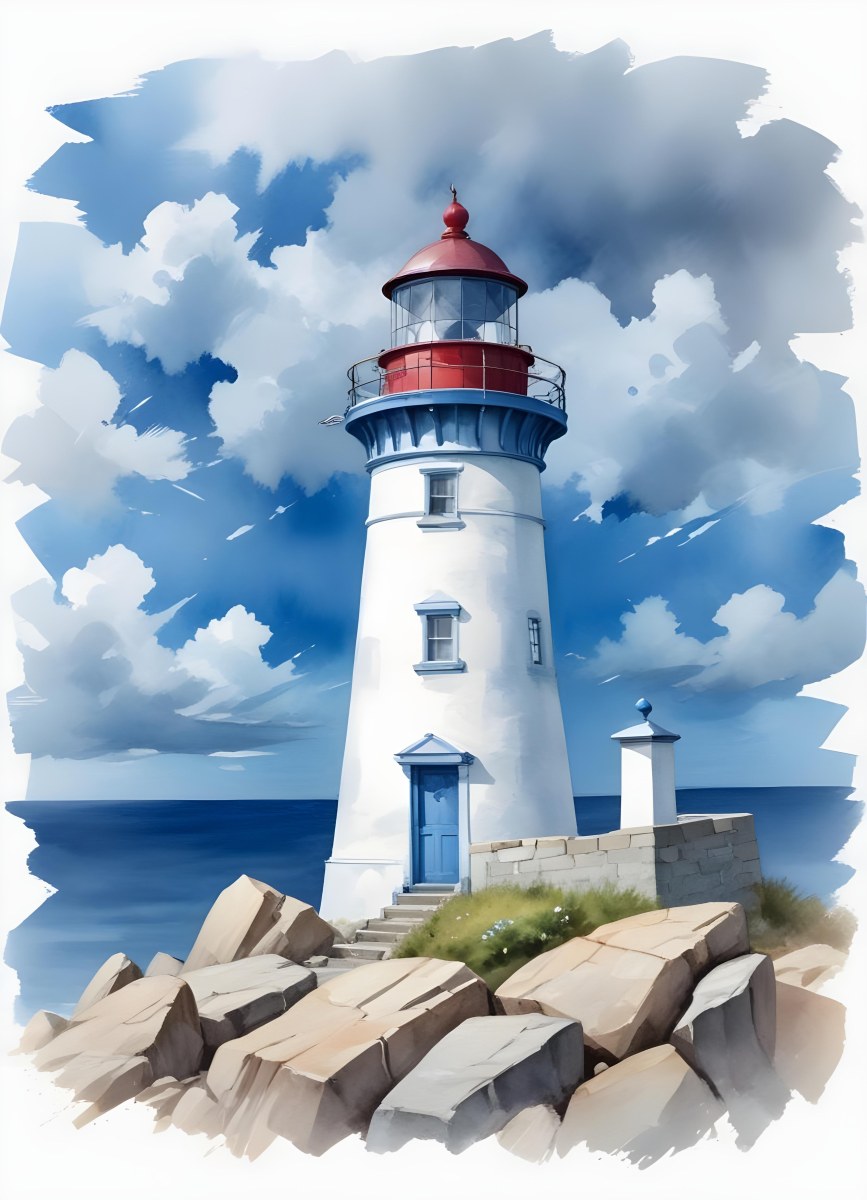 A Blue Lighthouse With A Blue Roof On A Rocky Outcrop Set Against A Blue And White Cloudy Sky Watercolor Style 13 Bdbd