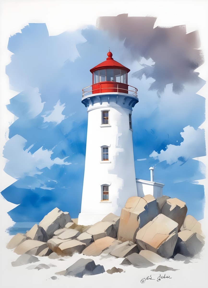 A Blue Lighthouse With A Blue Roof On A Rocky Outcrop Set Against A Blue And White Cloudy Sky Watercolor Style 17 45c7