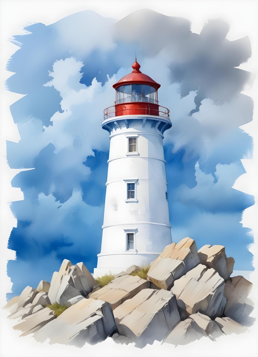 A Blue Lighthouse With A Blue Roof On A Rocky Outcrop Set Against A Blue And White Cloudy Sky Watercolor Style 20 3f1f