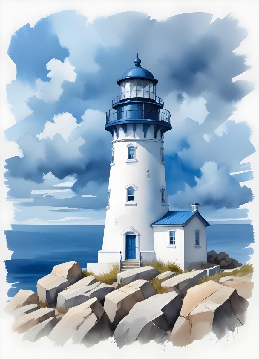 A Blue Lighthouse With A Blue Roof On A Rocky Outcrop Set Against A Blue And White Cloudy Sky Watercolor Style 22 C709