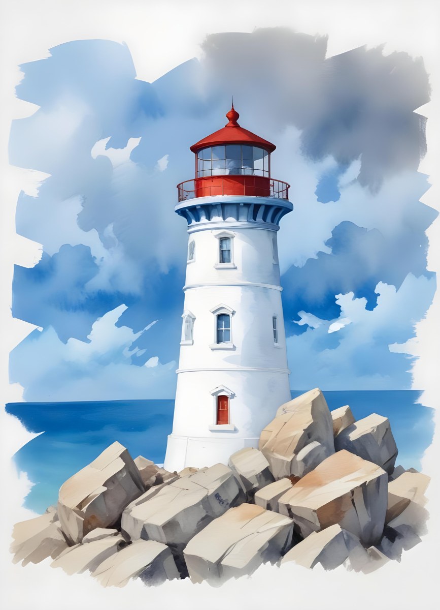 A Blue Lighthouse With A Blue Roof On A Rocky Outcrop Set Against A Blue And White Cloudy Sky Watercolor Style 26 156b