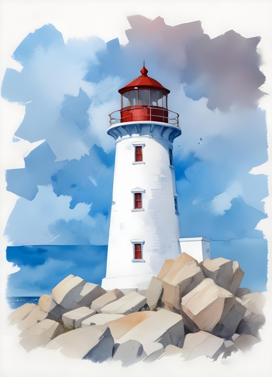 A Blue Lighthouse With A Blue Roof On A Rocky Outcrop Set Against A Blue And White Cloudy Sky Watercolor Style 31 Ab93