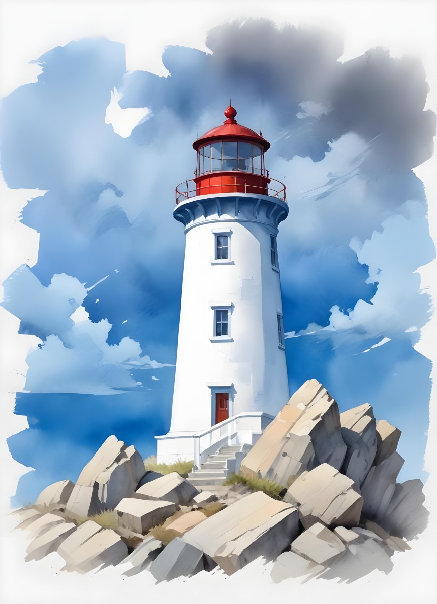 A Blue Lighthouse With A Blue Roof On A Rocky Outcrop Set Against A Blue And White Cloudy Sky Watercolor Style 33 9e21